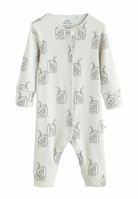 Vit ribbad bodysuit med långa ärmar, med ett mönster av juicekartonger i svart kontur, knäppning framtill och åtsittande ärmslut.