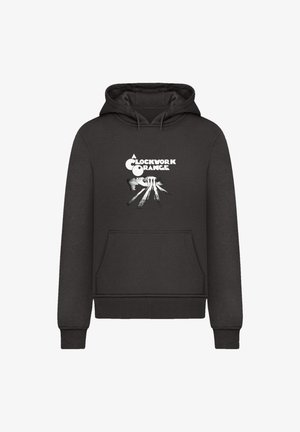 Schwarzer Hoodie mit einer Fronttasche, Kapuze mit Kordelzug und einem Grafikdruck von "Uhrwerk Orange" in weißem Text. Weicher Stoff.