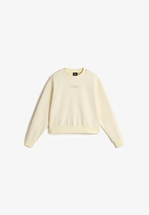 Yellow pullover sweatshirt with a round neckline and long sleeves. Features a textured embroidered logo on the chest and ribbed cuffs.