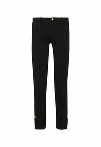 Czarne bawełniane spodnie o slim fit, z metalowym zapięciem i dwoma dekoracyjnymi złotymi guzikami przy kostkach. Gładka faktura.