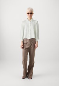 Hele roheline Blouse, millel on nööpidega sulgemine ja puffpüüdurid, koos heledate pruunide kõrge talje pükstega, millel on peened vertikaalsed õmblused. Pruunid päikeseprillid.