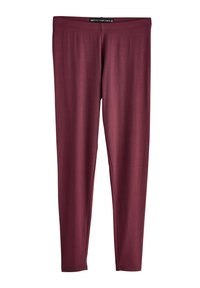 Maroonfarbene, enganliegende Leggings in voller Länge mit elastischem Bund, glatter Oberfläche und schlanker Passform vor weißem Hintergrund.