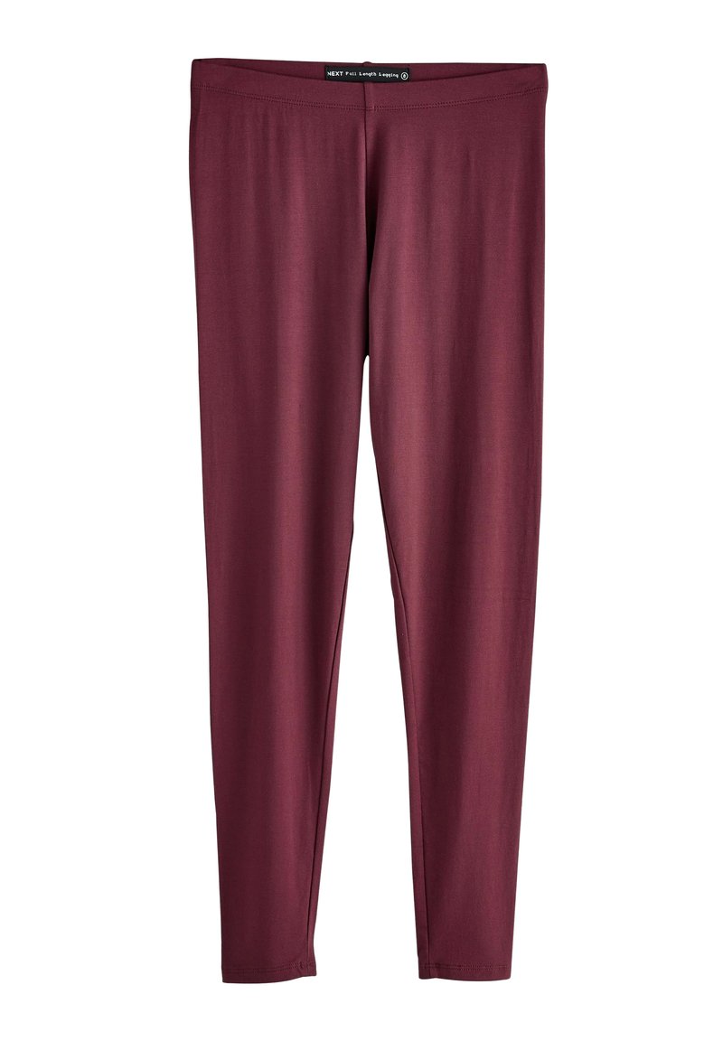Maroonfarbene, enganliegende Leggings in voller Länge mit elastischem Bund, glatter Oberfläche und schlanker Passform vor weißem Hintergrund.