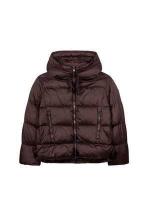Brown puffer jacket with a hood, quilted design, front zip closure, and two zippered side pockets. Smooth, shiny fabric texture.