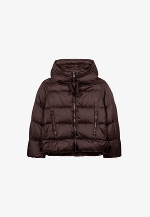 Braune Steppjacke mit Kapuze, gestepptem Design, vorderem Reißverschluss und zwei seitlichen Reißverschlusstaschen. Glatte, glänzende Stofftextur.