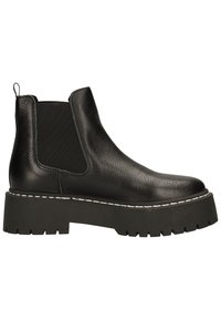 Schwarze Lederstiefeletten mit strukturierter Oberfläche, elastischen Seitenteilen und dicker Gummisohle mit Profil und weißen Nähten.