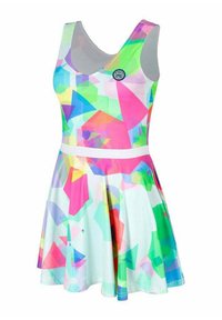 Kleurrijke mouwloze jurk met een geometrische print met blauwe, roze, groene en paarse vormen; elastische tailleband en uitlopende rok.