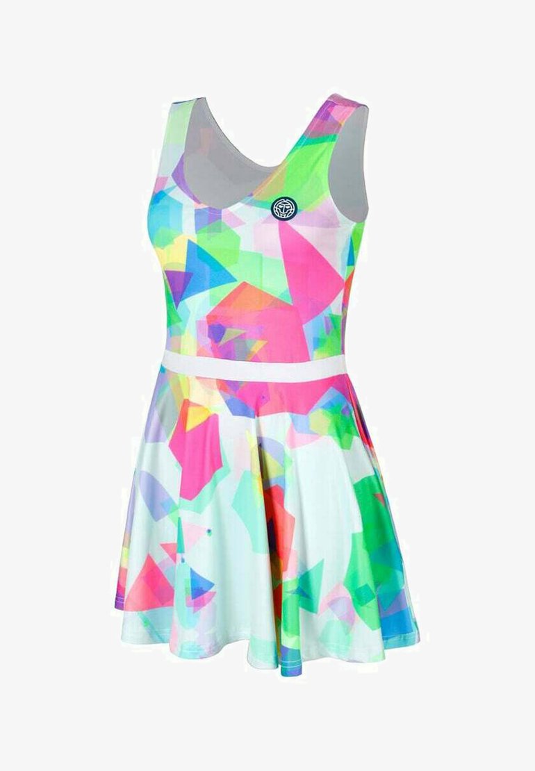 Kleurrijke mouwloze jurk met een geometrische print met blauwe, roze, groene en paarse vormen; elastische tailleband en uitlopende rok.