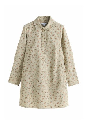 Floral-patterned dress in muted beige, featuring a collar, long sleeves, and a button-front closure. Soft texture and lightweight fabric.