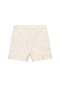 Pantaloni corti beige con motivi floreali ricamati e piccole paillettes, con una vita in pizzo scallop e orlo a scallop. Tessuto morbido e testurizzato.