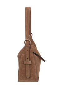 Brown suede handbag with a structured shape, single long strap, and gold hardware accents. Features a side zipper and stitching details.