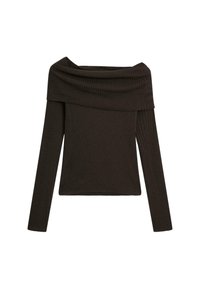 Dunkelbrauner, gerippter Strickpullover mit langen Ärmeln und einem breiten, schulterfreien, umgeschlagenen Kragen.
