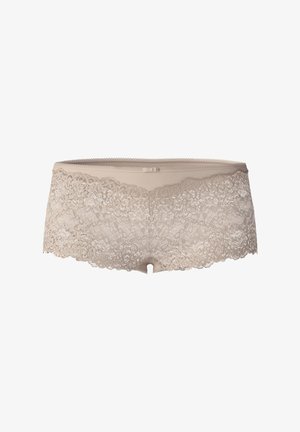 Beige kant boyshorts met een bloemmotief langs de tailleband, een gladde stof met een naadloze afwerking en een delicate strikaccent aan de voorkant.