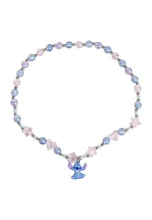 Collana di perline con perline alternate color blu pastello, rosa e argento, perline rosa a forma di stella e cuore, e un ciondolo con personaggio dei cartoni animati blu.