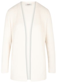Bílý cardigan z měkké tkaniny, s otevřeným předním designem, tříčtvrtečními rukávy a texturovaným povrchem. Minimalistický styl bez zapínání.