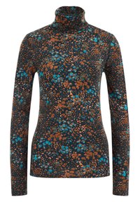 Kruhový svetřík s dlouhým rukávem v tmavě námořnické modři s hnědými a tyrkysovými květinovými vzory. Elastický materiál s přiléhavým střihem.