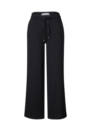 Pantalones de pierna ancha negros, fabricados en tejido acanalado, con cintura ajustable y una textura suave para mayor comodidad.