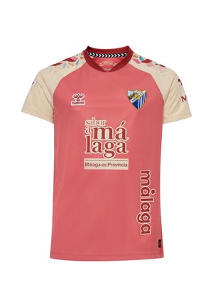 Rød og beige fodboldtrøje med Málaga CF-logo, Hummel-logo og tekst "sabor Málaga" og "Málaga es Provincia" foran.