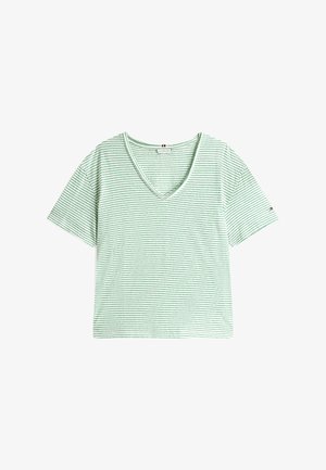 Zielono-biała, w paski koszulka z dekoltem w serek, krótkimi rękawami i luźnym krojem. Wykonana z miękkiego materiału, z starannym szyciem i bez widocznego logo.