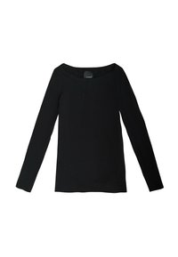 Czarna bluzka z długim rękawem, uszyta z miękkiego materiału, z dekoltem typu off-the-shoulder i prostym, dopasowanym krojem, bez wzorów czy akcentów.