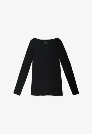 Czarna bluzka z długim rękawem, uszyta z miękkiego materiału, z dekoltem typu off-the-shoulder i prostym, dopasowanym krojem, bez wzorów czy akcentów.