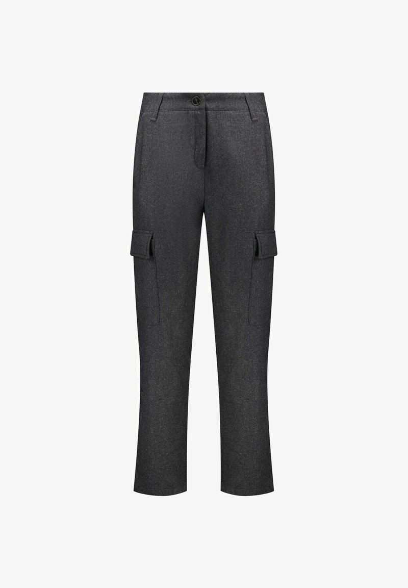 Pantalons cargo gris foncé en tissu texturé dotés de poches latérales avec rabats, d'une fermeture à bouton et d'une coupe droite.
