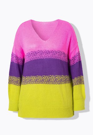 Jersey de punto con escote en V, con rayas horizontales en rosa, púrpura y amarillo, que presenta un patrón texturizado y puños acanalados.