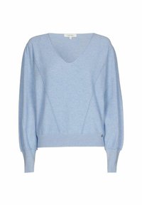 Un pull en maille bleu clair avec un col en V, des manches larges, un ourlet côtelé et des détails sur les coutures latérales. Fabriqué à partir d'un matériau doux avec une texture lisse.