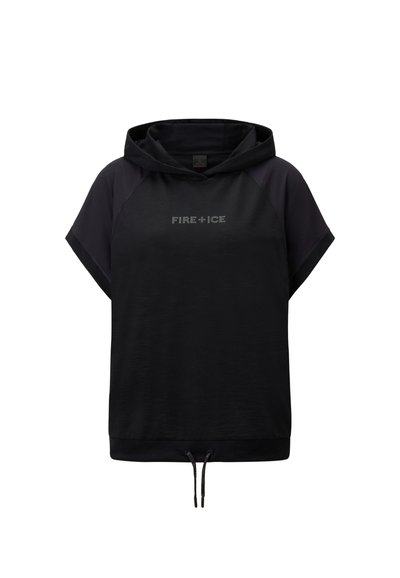 Black hooded short-sleeve top featuring a textured finish, drawstring at the hem, and "FIRE+ICE" logo in metallic accents on the front.