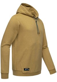 Sudadera con capucha en amarillo mostaza, con mangas largas, un bolsillo frontal y cordones ajustables azules. Tejido suave con una textura lisa.
