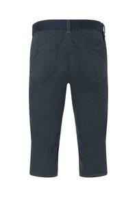 Dunkelblaue knielange Shorts aus strukturiertem Stoff, mit einem elastischen Bund und zwei Gesäßtaschen.