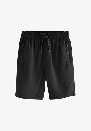 Zwarte zwembroek met een trekkoord in de taille, elastische band en twee zijzakken met ritssluiting; gladde stof met een matte afwerking.