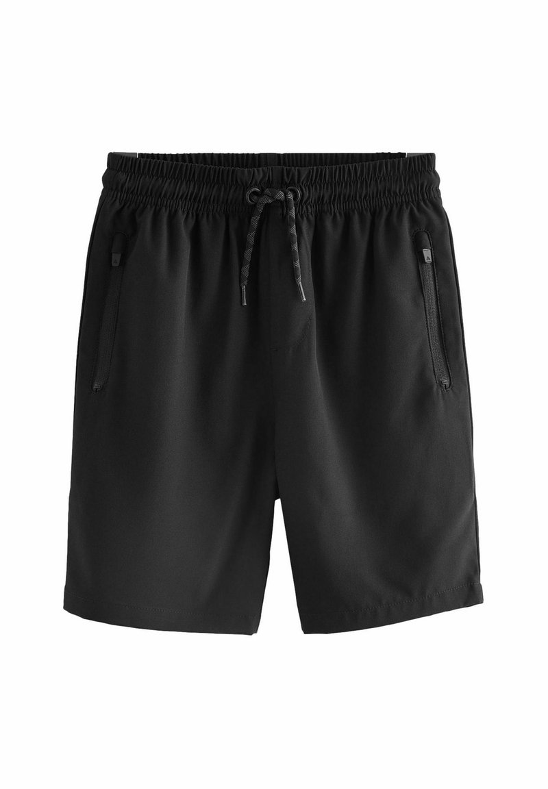 Pantaloni da bagno neri con vita regolabile tramite coulisse, fascia elastica e due tasche laterali con cerniera; tessuto liscio con finitura opaca.