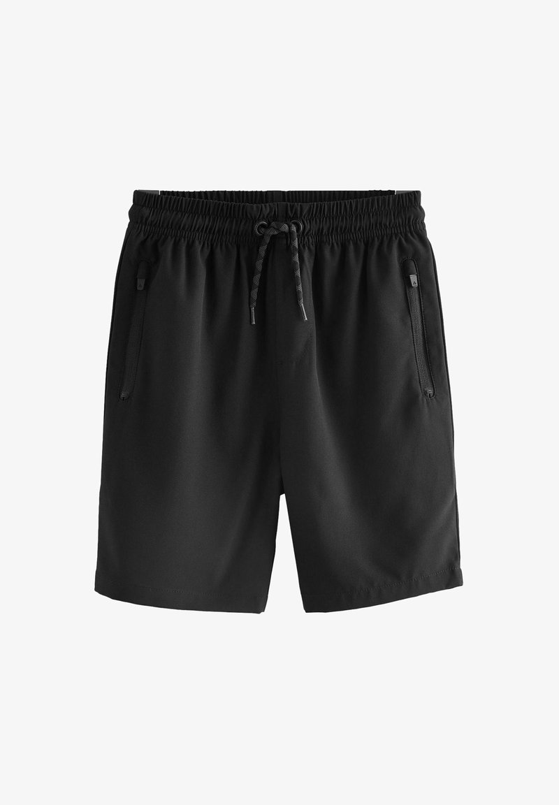 Černé plavkové šortky s nastavitelným pasem na šňůrku, elastickým pásem a dvěma bočními kapsami na zip; hladká tkanina s matným povrchem.