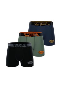 Trois paires de boxers pour hommes en noir, bleu marine et vert olive. Chacune présente une ceinture élastique avec logo et des couleurs contrastantes.