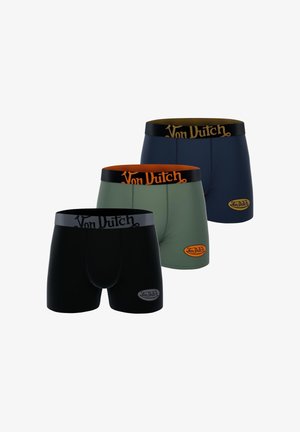 Trois paires de boxers pour hommes en noir, bleu marine et vert olive. Chacune présente une ceinture élastique avec logo et des couleurs contrastantes.