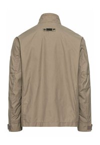 Beige Leichte Jacke aus glattem Stoff. Verfügt über einen Stehkragen, eine verdeckte Knopfleiste und verstellbare Manschetten. Keine sichtbaren Muster.