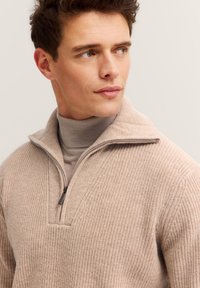 Beige Reißverschluss-Pullover mit strukturiertem Strick, ausgestattet mit einem Stehkragen und gerippten Akzenten. Über einem hellbeigen Rollkragenpullover getragen.