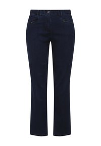 Mörkblå raka jeans med framdragkedja och knappstängning, bälteshällor och fickor med dragkedja på varje sida.