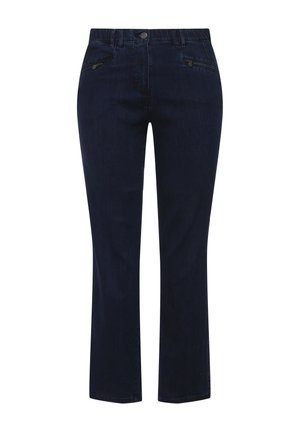 Jeans de pierna recta en azul oscuro con cremallera frontal y cierre de botón, lazos para cinturón y bolsillos con cremallera en cada lado.