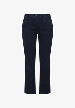 Jeans droits bleu marine avec fermeture éclair à l'avant et bouton, passants de ceinture et poches zippées de chaque côté.
