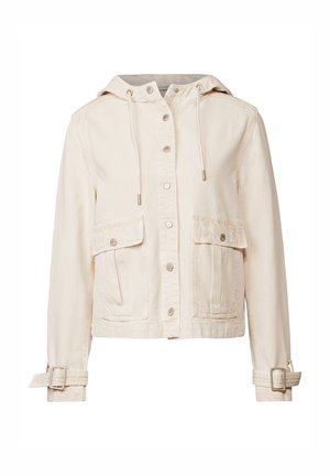 Ljus beige denimjacka med huva, silverdetaljer, två framfickor, justerbara ärmslut och en avslappnad passform. Mjuk textur och ren design.