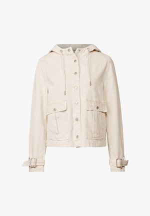Ljus beige denimjacka med huva, silverdetaljer, två framfickor, justerbara ärmslut och en avslappnad passform. Mjuk textur och ren design.