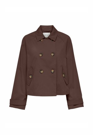 Pruun kahekordse nööpimisega jakk kuue nööbiga, lai krae, kaks nööbitavat klapp-taskut ja pikad varrukad mansettide detailidega.