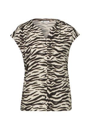 Short-sleeve button-up blouse with black and white zebra print and a round neckline.