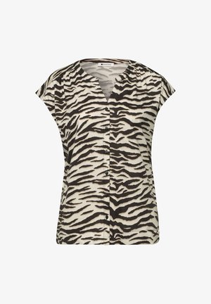 Blusa a maniche corte con bottoni, stampa zebrata bianca e nera e scollo tondo.