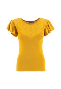 Top amarillo de punto acanalado con mangas cortas con volantes, que presenta un patrón texturizado cerca del escote. Material suave, diseño ajustado.