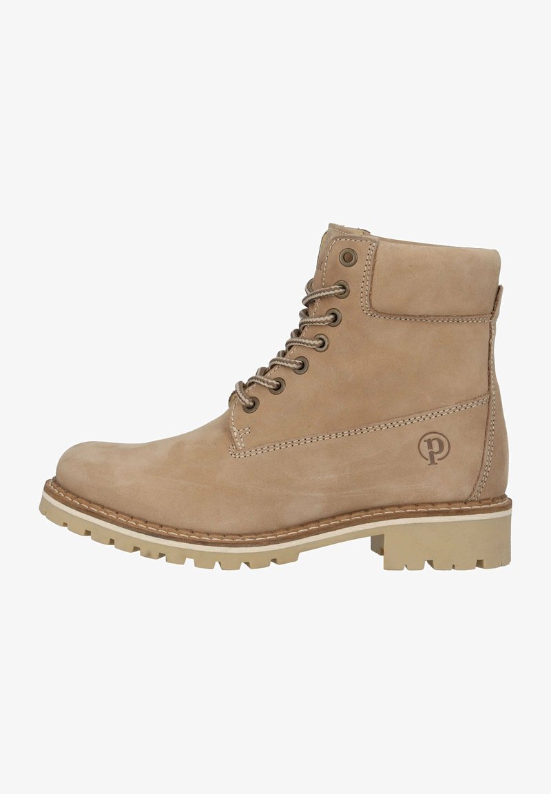 Tanorange Wildleder-Stiefelette mit Schnürdesign, gepolstertem Kragen, kontrastierenden Nähten und Gummisohle mit strukturiertem Profil für besseren Halt.