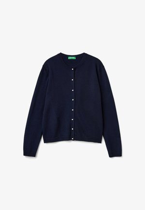 Dunkelblauer Langarm-Cardigan mit Rundhalsausschnitt und kleinen, perlenartigen weißen Knöpfen auf der Vorderseite.