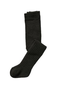 Schwarze, gerippte lange Socken aus einem weichen Stoff. Sie verfügen über eine einfarbige Gestaltung mit einer glatten Textur und einem bequemen Bündchen am oberen Ende.